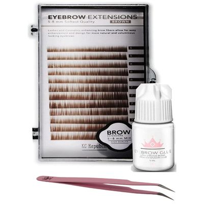 Eyebrow Extensions Kit with 1 x Trays of Mink Eyebrows in Brown Comes on Mixed Length Trays 5-8 Mm Mix, Eyebrow Extension Glue Clear & Extension Tweezers (Brown, Pink Tweezer)