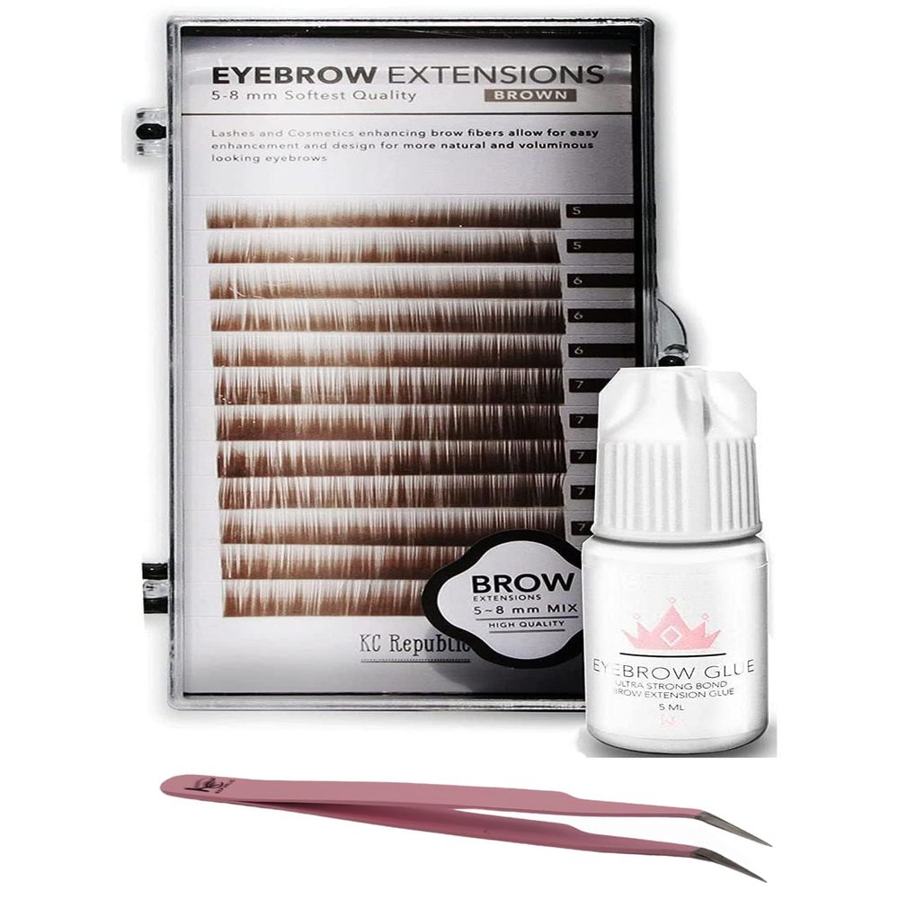 Eyebrow Extensions Kit with 1 x Trays of Mink Eyebrows in Brown Comes on Mixed Length Trays 5-8 Mm Mix, Eyebrow Extension Glue Clear & Extension Tweezers (Brown, Pink Tweezer)