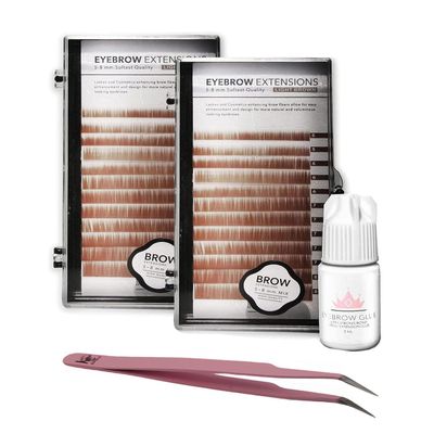 KC Republic Lash Eyebrow Extensions Kit with 2 Trays of Mink False Eyebrows in Blonde/Light Brown, Glue Clear & Extension Tweezers, Comes on Mixed Length 5-8 m Mix (Light Brown 2-Pack, Pink Tweezer)