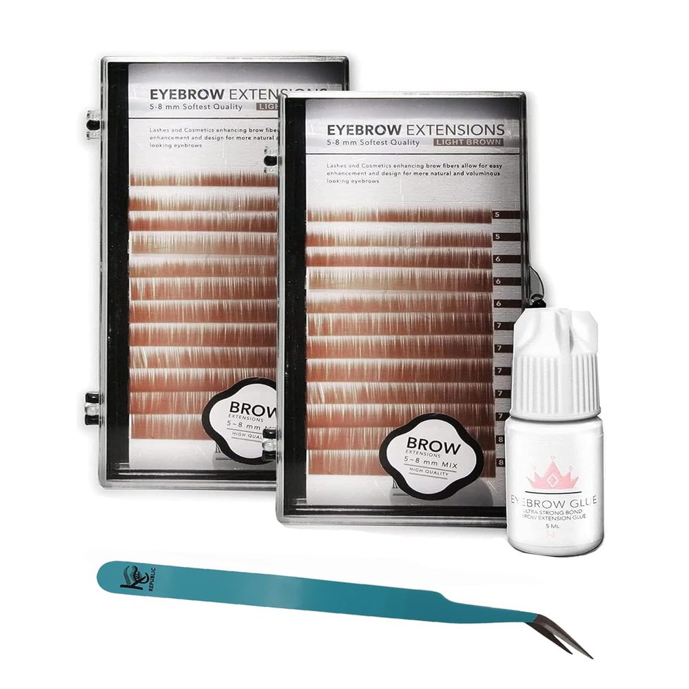KC Republic Lash Eyebrow Extensions Kit with 2 Trays of Mink False Eyebrows in Blonde/Light Brown, Glue Clear & Tweezers, Comes on Mixed Length 5-8 mm Mix (Light Brown 2-Pack, Turquoise Tweezer)