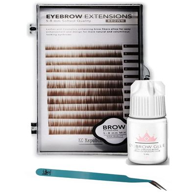 KC Republic Lash Eyebrow Extensions Kit with 1 x Trays of Mink False Eyebrows in Brown Comes on Mixed Length 5-8 Mm Mix, Eyebrow Extension Glue Clear & Extension Tweezers (Brown, Turquoise Tweezer)