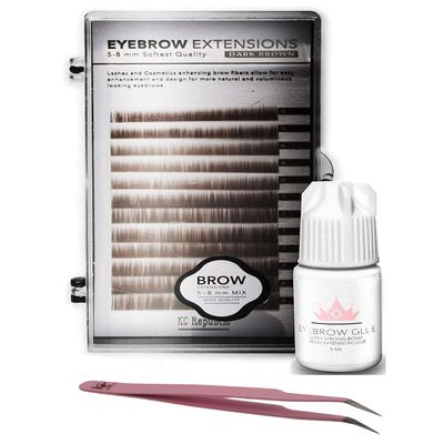 Eyebrow Extensions Kit with 1 x Trays of Mink Eyebrows in Dark Brown Comes on Mixed Length Trays 5-8 Mm Mix, Eyebrow Extension Glue Clear & Extension Tweezers (Dark Brown, Pink Tweezer)