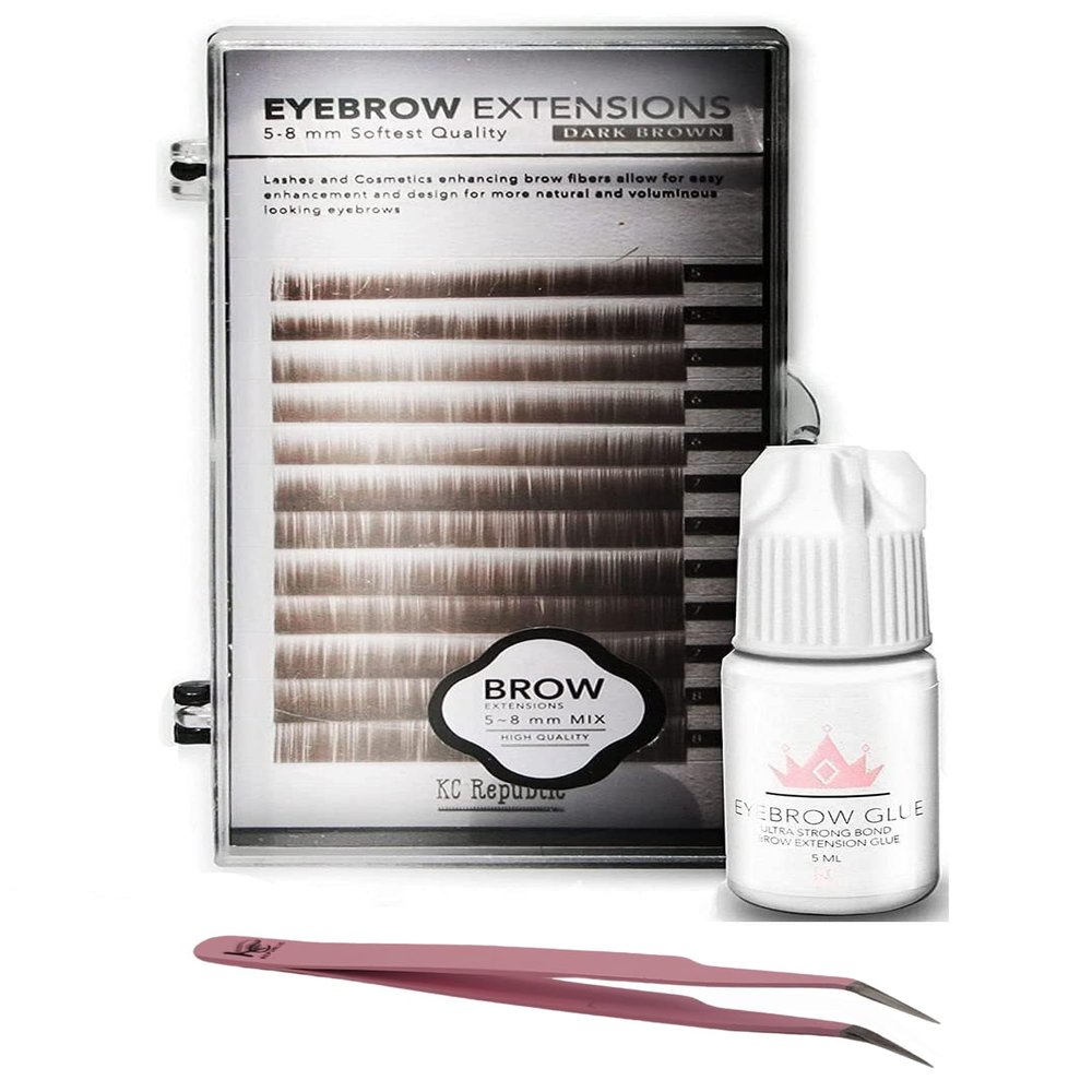 Eyebrow Extensions Kit with 1 x Trays of Mink Eyebrows in Dark Brown Comes on Mixed Length Trays 5-8 Mm Mix, Eyebrow Extension Glue Clear & Extension Tweezers (Dark Brown, Pink Tweezer)