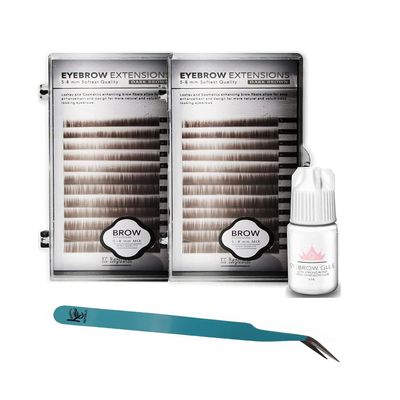 KC Republic Lash Eyebrow Extensions Kit with 2 Trays of Mink False Eyebrows in Dark Brown, Glue Clear & Extension Tweezers, Comes on Mixed Length 5-8 mm Mix (Dark Brown 2-Pack, Turquoise Tweezer)