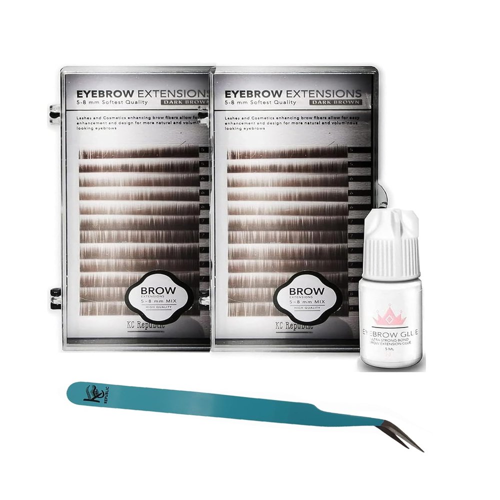 KC Republic Lash Eyebrow Extensions Kit with 2 Trays of Mink False Eyebrows in Dark Brown, Glue Clear & Extension Tweezers, Comes on Mixed Length 5-8 mm Mix (Dark Brown 2-Pack, Turquoise Tweezer)