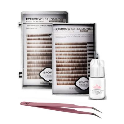 KC Republic Lash Eyebrow Extensions Kit with 2 Trays of Mink False in Brown and Dark Brown, Glue Clear & Extension Tweezers, Comes on Mixed Length 5-8 Mm Mix (Brown & Dark Brown, Pink Tweezer)