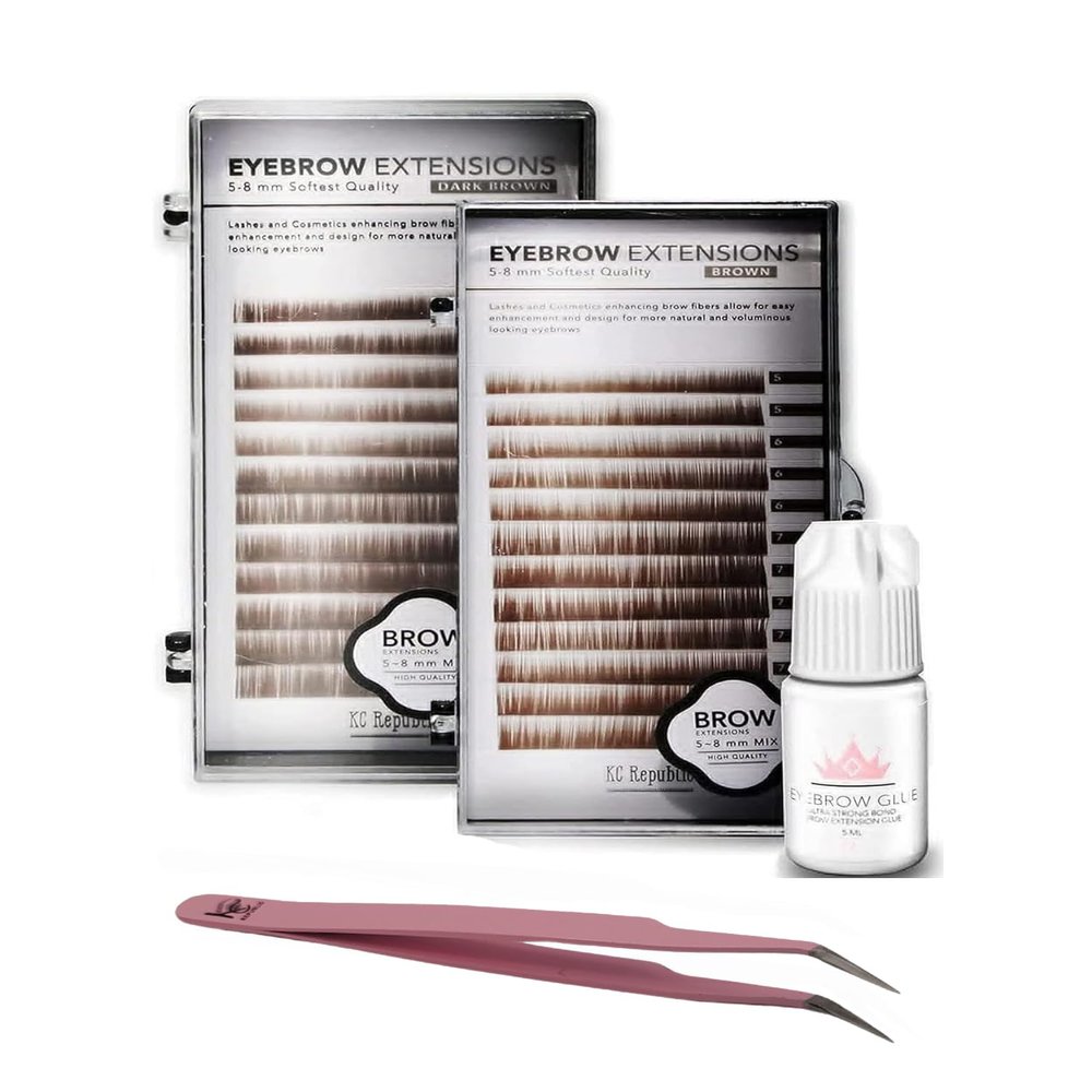 KC Republic Lash Eyebrow Extensions Kit with 2 Trays of Mink False in Brown and Dark Brown, Glue Clear & Extension Tweezers, Comes on Mixed Length 5-8 Mm Mix (Brown & Dark Brown, Pink Tweezer)