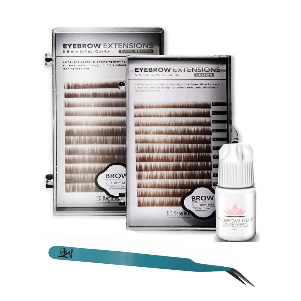KC Republic Lash Eyebrow Extensions Kit with 2 Trays of Mink False Eyebrows in Brown and Dark Brown,Glue Clear &Tweezers, Comes on Mixed Length Trays 5-8 mm Mix (Brown & Dark Brown, Turquoise Tweezer)
