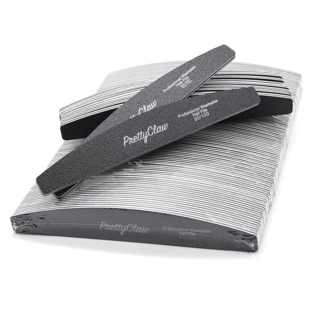PrettyClaw | 50pc Professional Nail File 80/100 Grit Black Half Moon Acrylic Nail Files Plastic Center Double Sided Emery Board for Nails Washable 7 inch Nail File