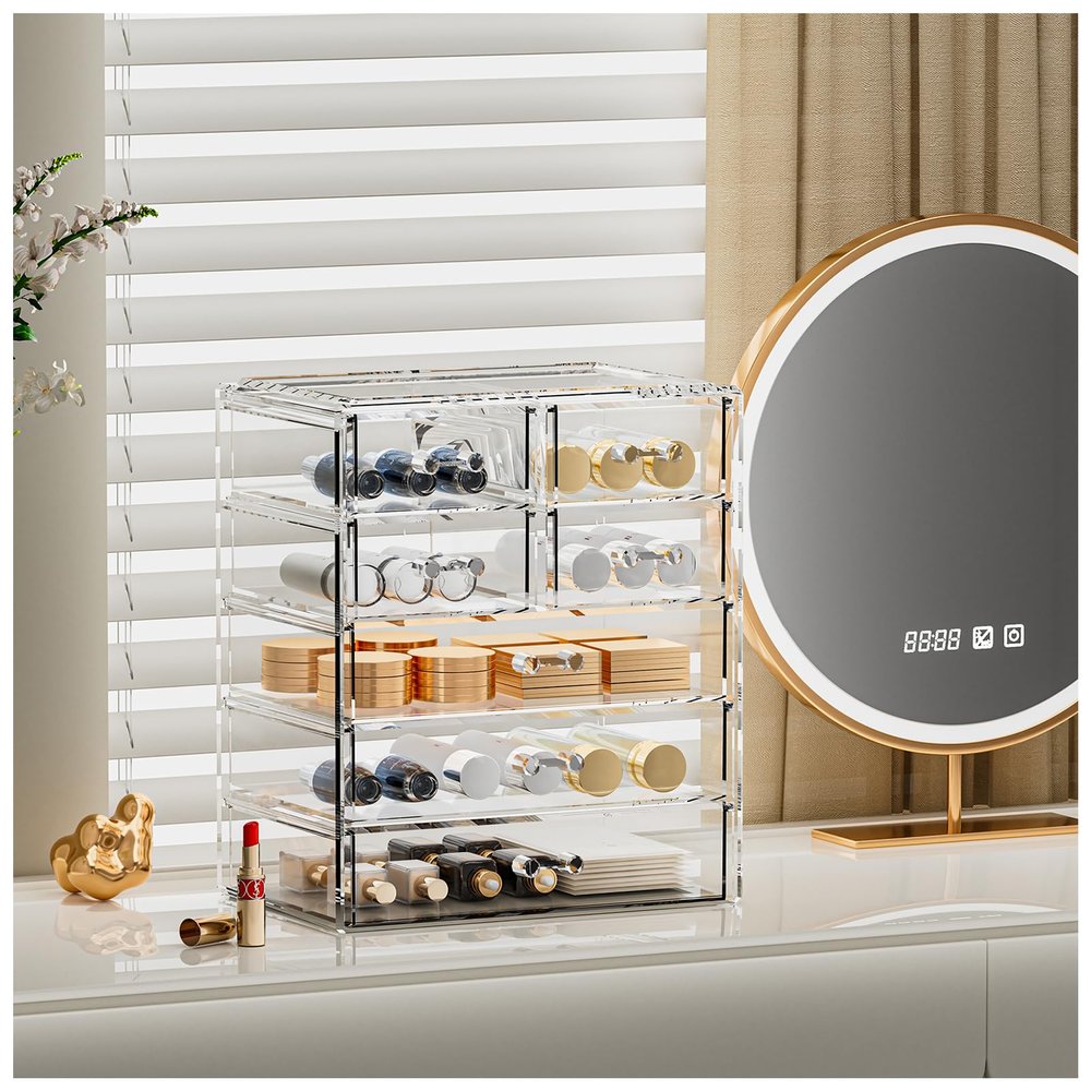 888 TIAN LUN Acrylic Clear Large Makeup Organizer - Jewelry Holder Organizer, Perfect Make Up Organizers and Storage for Vanity, Bathroom (3 Large, 4 Small Drawers - Clear)