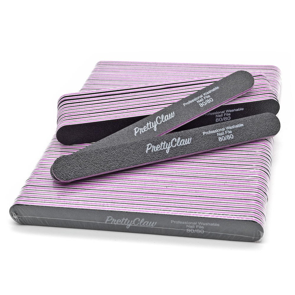 PrettyClaw | 50pc Professional Nail File 80/80 Grit Black Straight Acrylic Nail Files Plastic Center Double Sided Emery Board for Nails Washable 7 inch Nail File