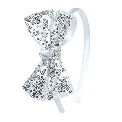 Silver Sequin Bow Headband for Girls - Boutique Style Hair Accessory with Bow Ribbon - 1 Piece