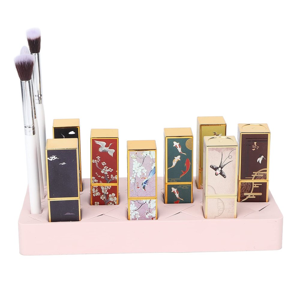 24 Slots Silicone Lipstick Holder for Vanity, Large Capacity Makeup Display Case with 18 Large Slots and 6 Small Slots, Versatile Cosmetic Organizer for Makeup Brush Lipstick Jewelry Nail Oil(Pink)