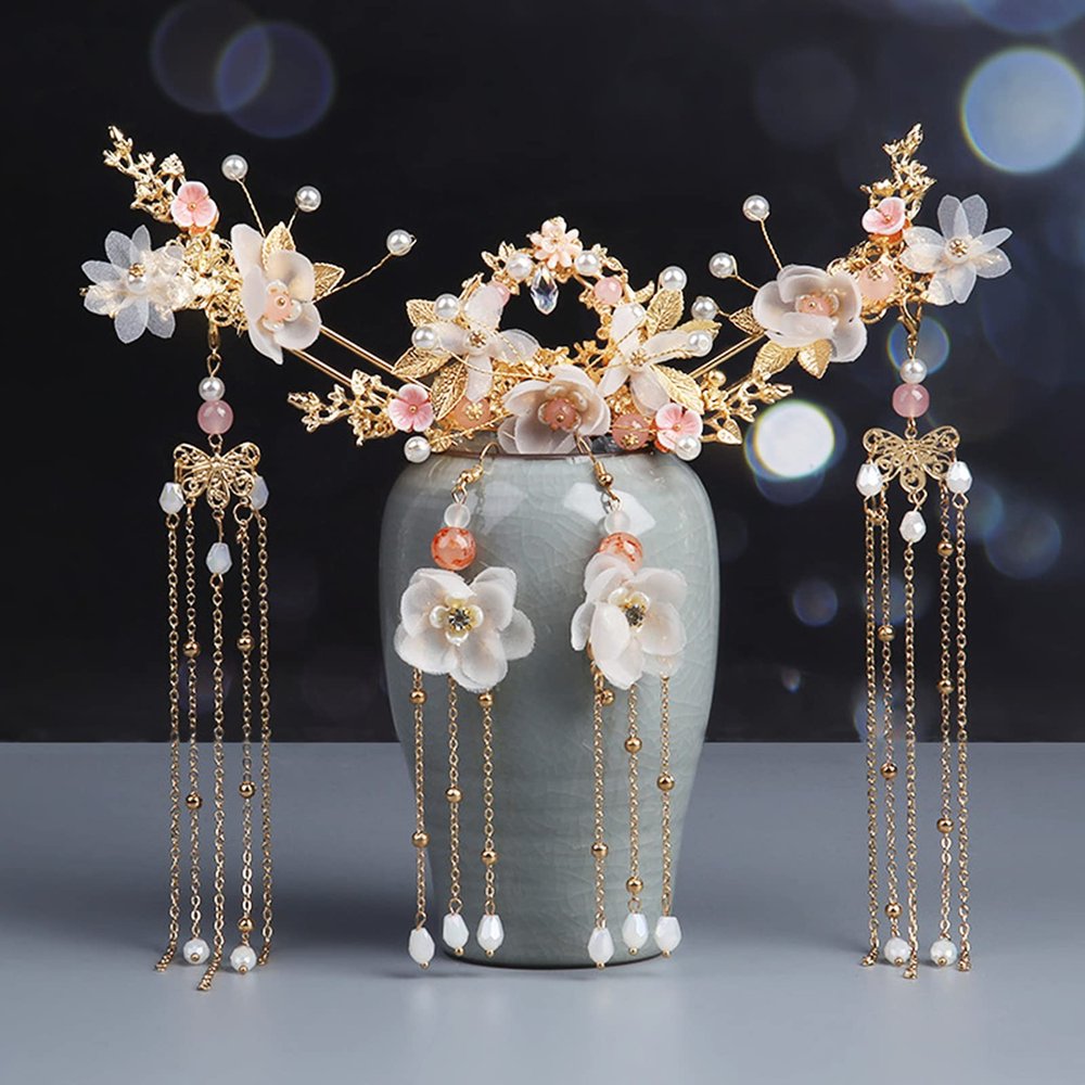 Vintage Hairpins Hair Sticks Hanfu Long Tassel Hair Pins Handmade Hair Pins Comb Earrings Set Chinese Traditional Headwear Set