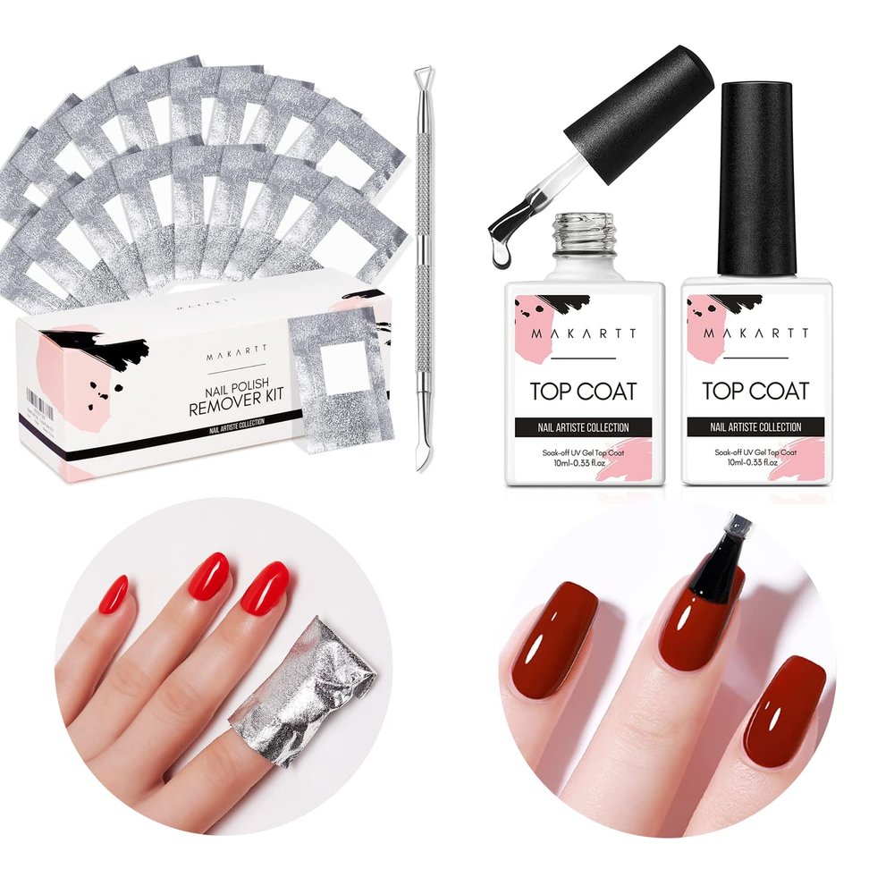 Makartt Gel Top Coat and Nail Poliah Gel Remover Foil Wraps Bundle, No Wipe Top Coat Glossy Shine Finish Long Lasting 10ML, 200pcs Foil Wraps with Larger Cotton Pad 1 pcs Cuticle Pusher
