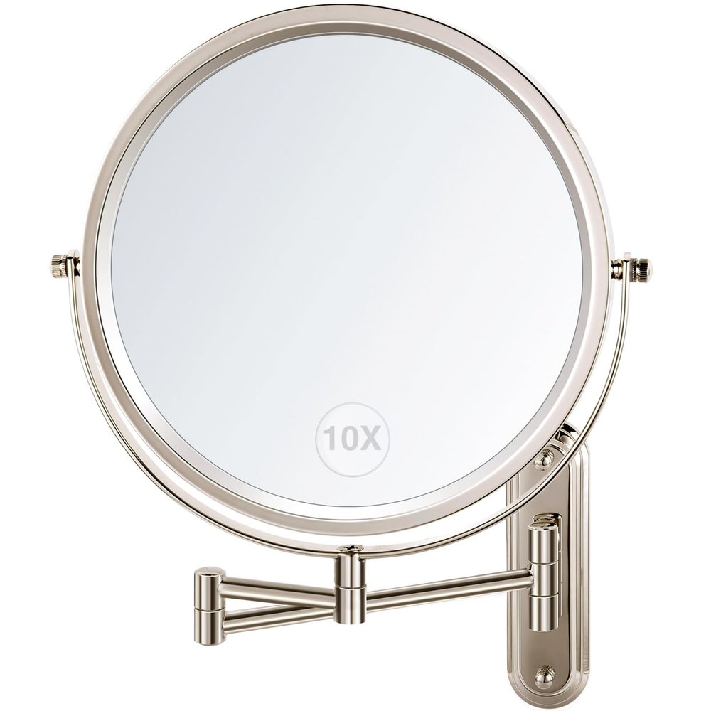 Wall Mounted Makeup Mirror, 10x Magnifying Mirror for Wall,8.5 Inch Makeup Mirror with 3 Color Double Sided 360 Swivel Extendable Bathroom Mirror, Shaving Mirror, Brushed Nickel-No Lights