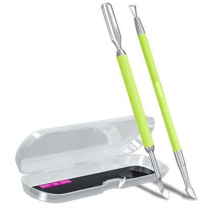 2PCS Metal Neon Green Cuticle Pusher and Cutter Remover Salon Quality Stainless Steel Gel Nail Polish Peeler Scraper Durable Manicure and Pedicure Cleaner Tool For Fingernail and Toenail