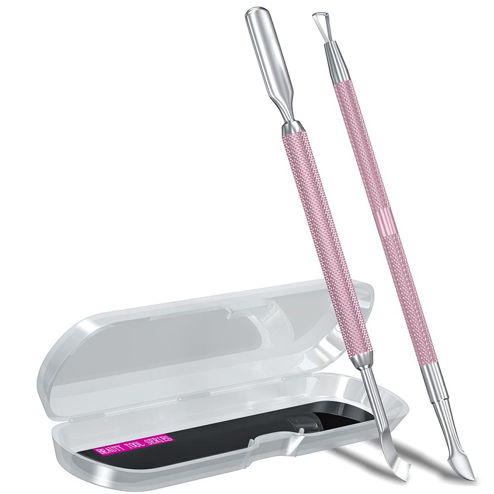 2PCS Metal Lilac Cuticle Pusher and Cutter Remover Salon Quality Stainless Steel Gel Nail Polish Peeler Scraper Durable Manicure and Pedicure Cleaner Tool For Fingernail and Toenail