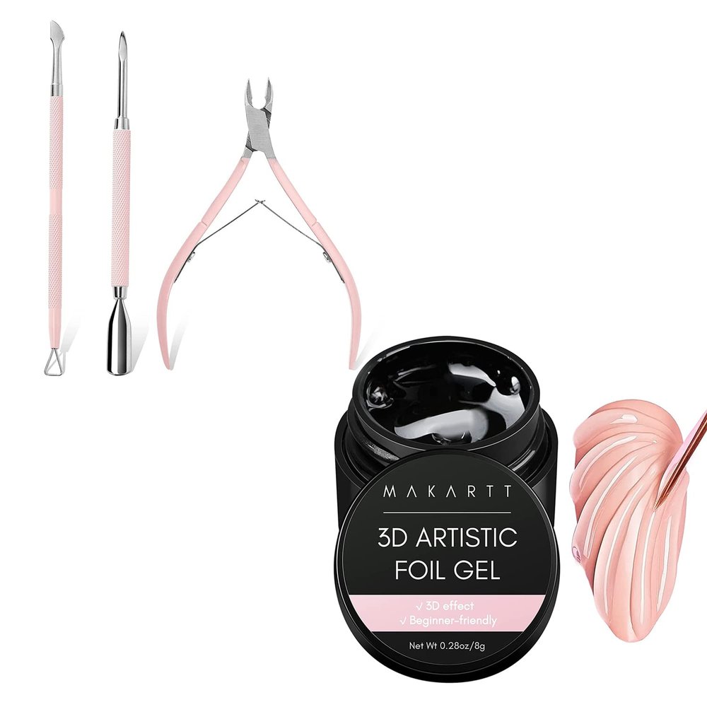 Makartt 3D Nail Foil Glue, 8ml Foil Transfer Gel Foil Bundle with Cuticle Trimmer with Cuticle Pusher, 3 PCS Pink Nail Cuticle Nipper Professional Pedicure Manicure Tools with Stainless Steel Dual End