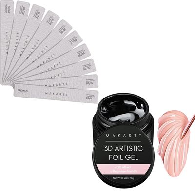 Makartt 3D Nail Foil Glue, 8ml Foil Transfer Gel, Bundle with 10pcs Nail Files (80/80 Grit, Pink, Coarse Emery with Paper backing)