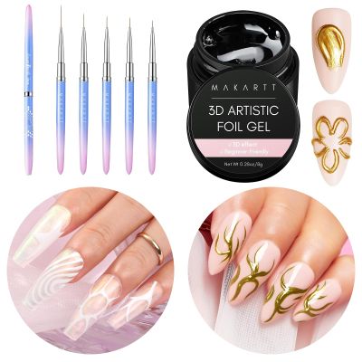 Makartt 3D Nail Foil Glue, 8ml Foil Transfer Gel Foil Bundle with Nail Art Brushes,Liner for Nails, 5pcs, 7/9/11/15/25mm, Easy Hold, Thin Nail Art Design Brush Detail Brush