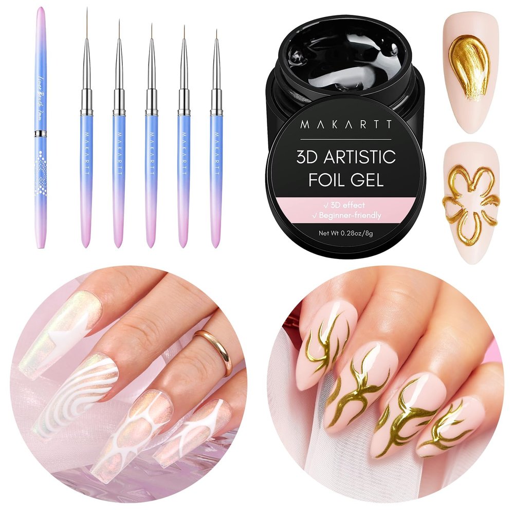 Makartt 3D Nail Foil Glue, 8ml Foil Transfer Gel Foil Bundle with Nail Art Brushes,Liner for Nails, 5pcs, 7/9/11/15/25mm, Easy Hold, Thin Nail Art Design Brush Detail Brush