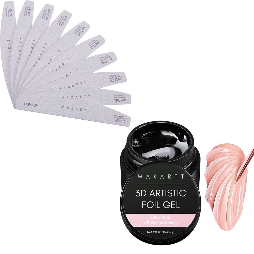 Makartt 3D Nail Foil Glue, 8ml Foil Transfer Gel Foil Adhesive Glue Bundle with Nail File 180 240 Grit Doubled Sides Nail Files for Acrylic Nails 10Pcs