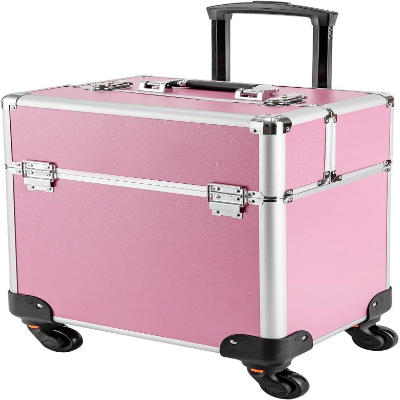 Rolling Makeup Train Case,Cosmetics Makeup Beauty Nail Salon Hairdresser Trolley Case with 12 Compartment Foam Compartment and Three Position Trolley Bar,for Make up Artists Hairdressers(Pink)