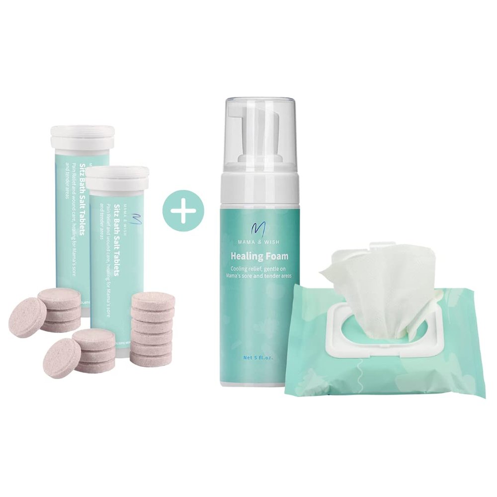 Mama & Wish Sitz Bath Salt Tablets for Postpartum Care 2 Pack and Witch Hazel Foam + Pad Liners Bundle