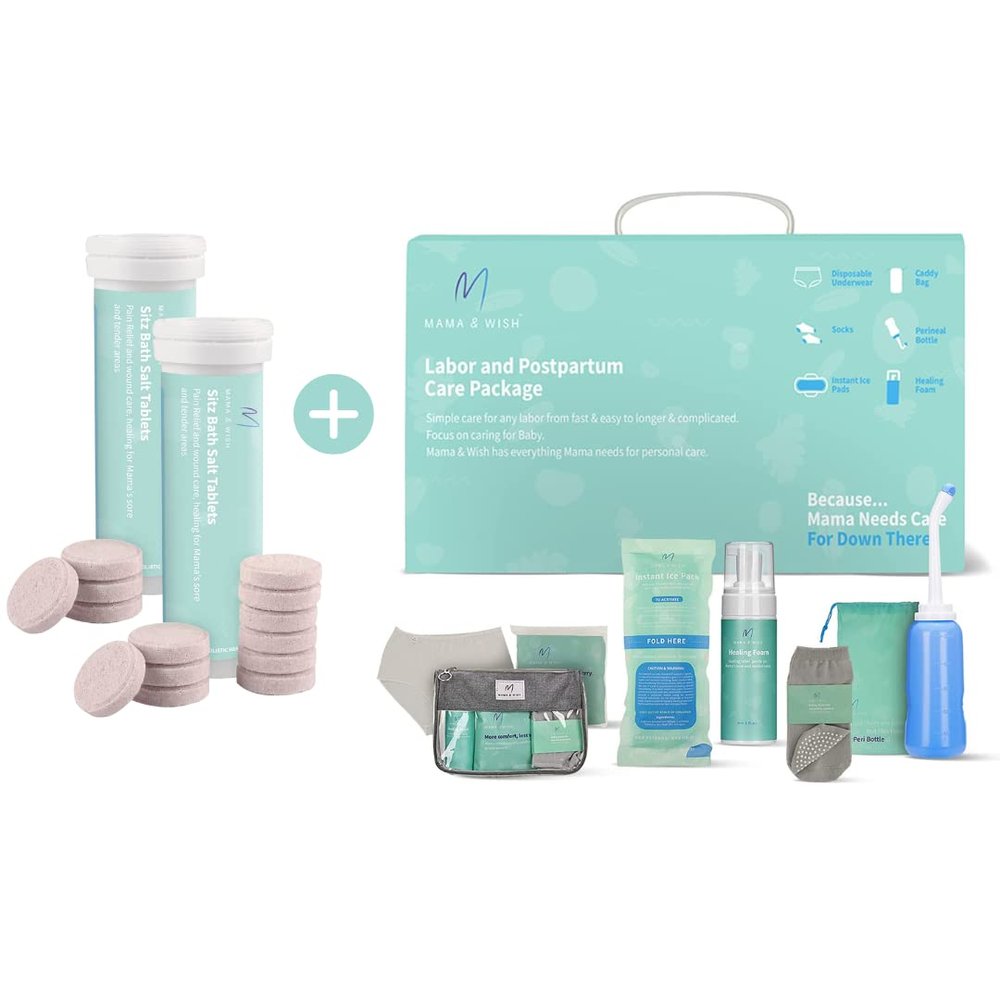 Mama & Wish Sitz Bath Salt Tablets for Postpartum Care 2 Pack and Postpartum Essentials Kit (12-Piece)