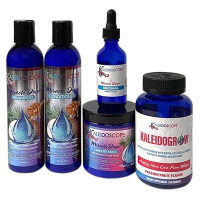 Kaleidoscope - Miracle Drops Shampoo, Conditioner, 3 Minute Mask, Original Miracle Drops & Kaleidogrow Vitamins Hair Care Styling Bundle 5 Pcs Set