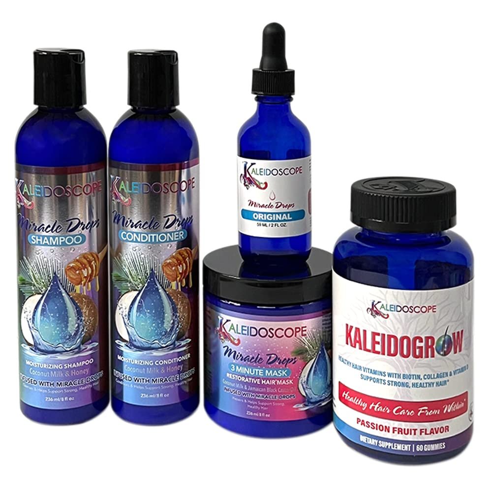 Kaleidoscope - Miracle Drops Shampoo, Conditioner, 3 Minute Mask, Original Miracle Drops & Kaleidogrow Vitamins Hair Care Styling Bundle 5 Pcs Set