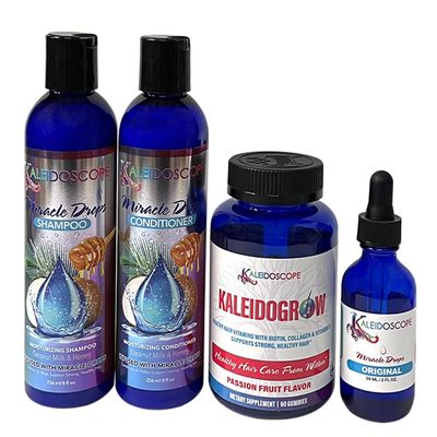 Kaleidoscope - Miracle Drops Shampoo, Conditioner, Original Miracle Drops & Kaleidogrow Vitamins Hair Care Styling Bundle 4 Pcs Set