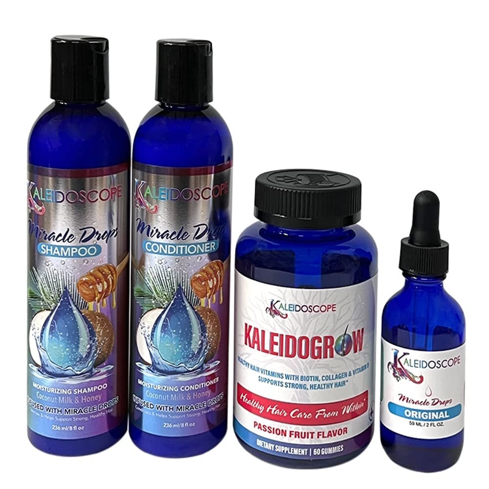 Kaleidoscope - Miracle Drops Shampoo, Conditioner, Original Miracle Drops & Kaleidogrow Vitamins Hair Care Styling Bundle 4 Pcs Set