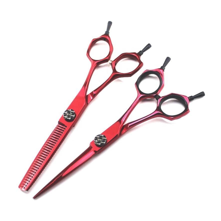 Hair Cutting Scissors, 6 Inch Red Japan 9CR Stainless Steel Thinning Cutting Razor Hair Salon Scissors Set