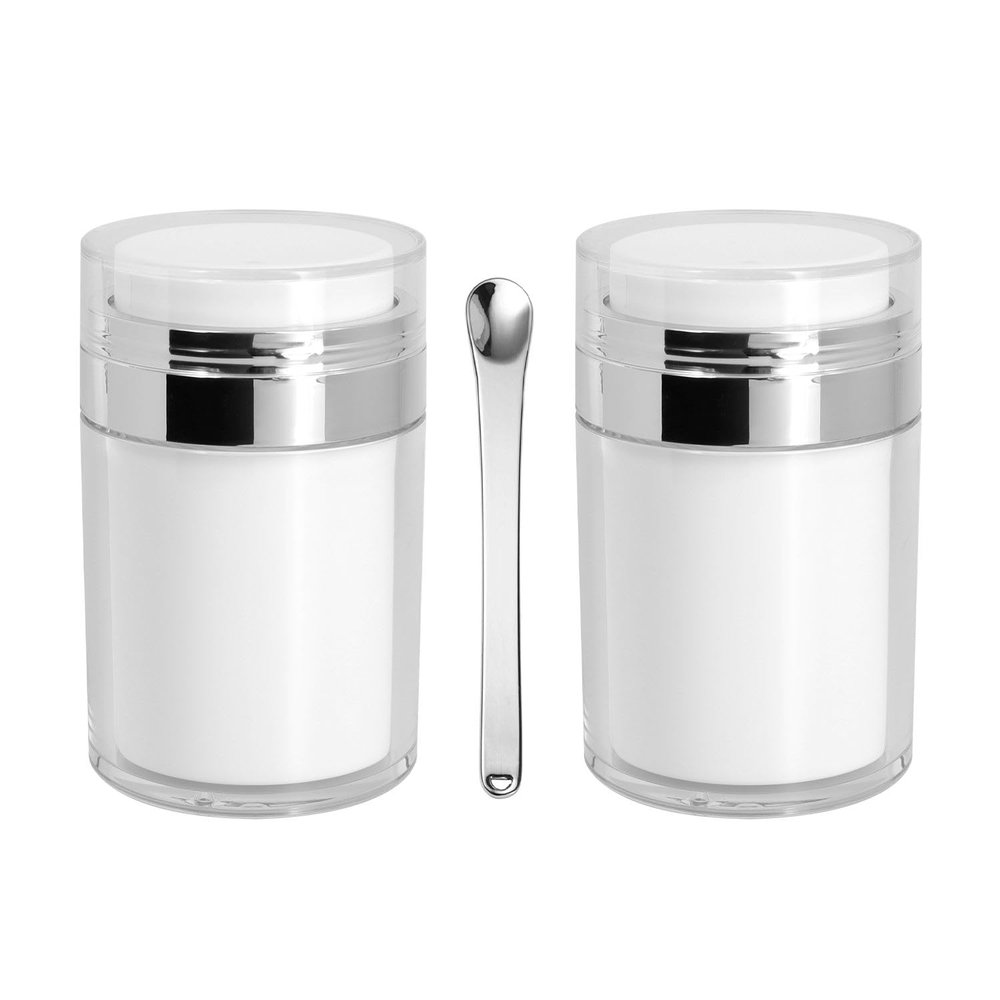 2Pack Airless Pump Jars with Cosmetic Spatula, 3.5 oz Empty Refillable Cosmetic Air Pump Jars Bottles Airless Lotion Cream Dispenser Portable Travel Makeup Containers (Silver)
