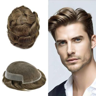 PUNRU HAIR Toupee For Men Hair Piece Real Human Hair French Lace Mens Toupee Hair System Bleched Knot Hair Replacement System For Men 7x9 100% light to Medium density#710 7# VERY LIGHT BROWN+10% GREY