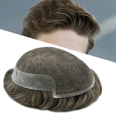 French Lace Hair System For Men Toupee For Men Real Human Hair Piece For Men Hair Replacement System Mens Toupee Front Bleched Knot 7x9 100% light to Medium density#430 4# MEDIUM BROWN+30% GREY