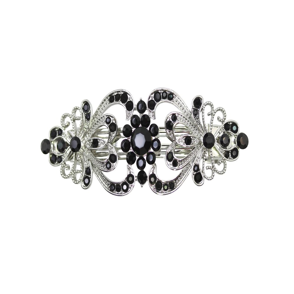 Faship Gorgeous Black Rhinestone Crystal Floral Hair Barrette