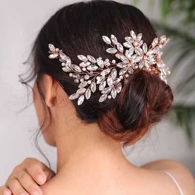 BERYUAN Wedding Rose Gold Hair Comb with Rhinestone Crystal Flower for Bridal Headpieces, Handmade Accessories for Women and Girls (ROSE GOLD)