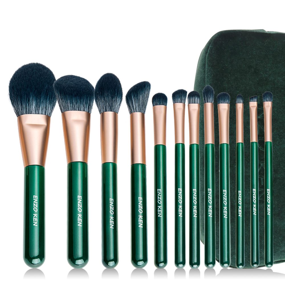 Natural Fiber & Goat Hair Makeup Brush Set Professional, Combined Hair Makeup Brushes Set with Case by Luxury ENZO KEN, Emerald Green Cosmetic Brushes Makeup Set, Natural Bristle Makeup Brushes.