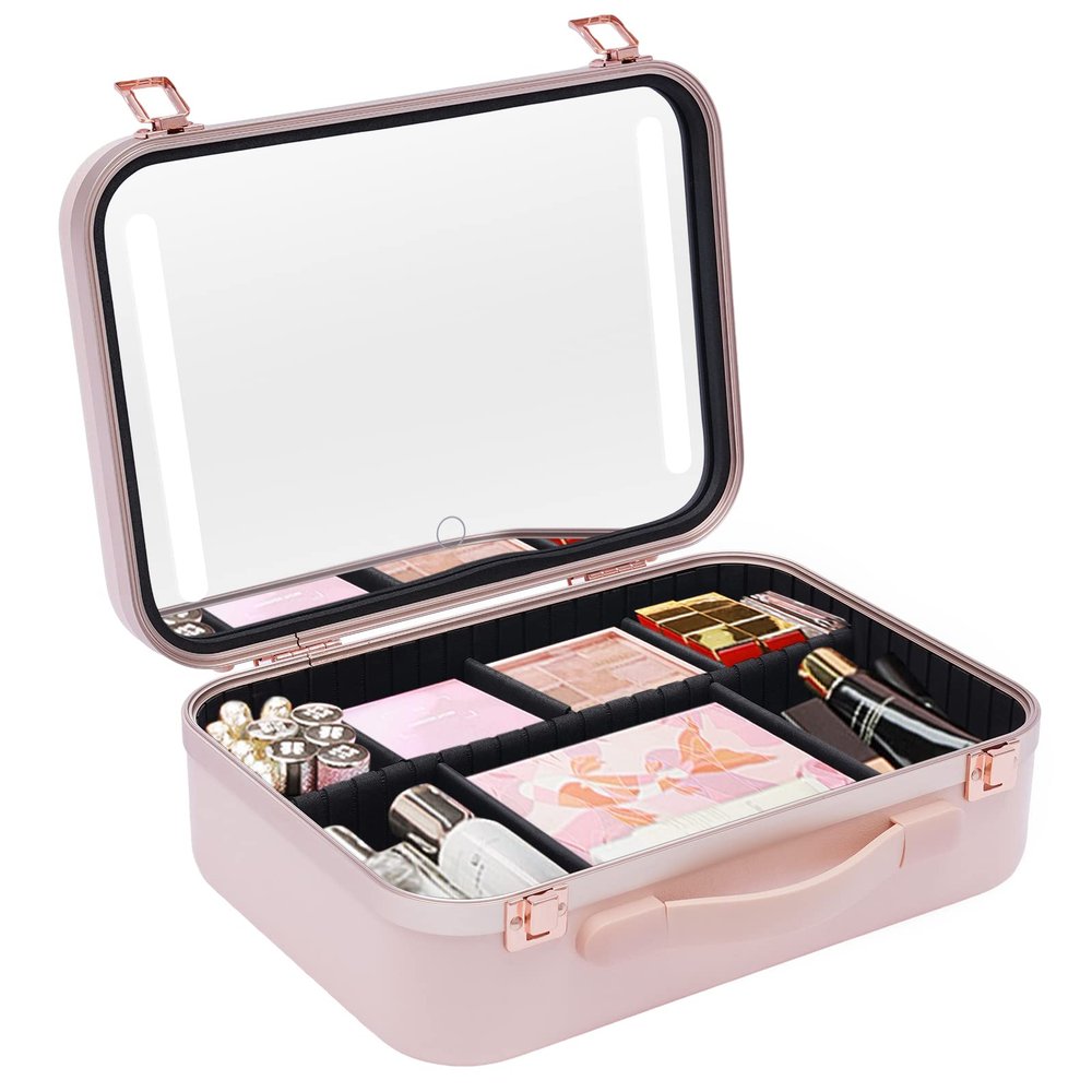 Cbhfmljd Makeup Train Case, Portable Cosmetic Organizer Train Box with Lights and Mirror Large Capacity Makeup Case Waterproof Customized Dividers/Large Makeup Artist Organizer Kit Pink