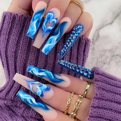 Magrace Long Coffin Press on Nails Blue Fake nails 24 pcs French Tips False Nails with Designs Stick on Nails for Women (A-5)