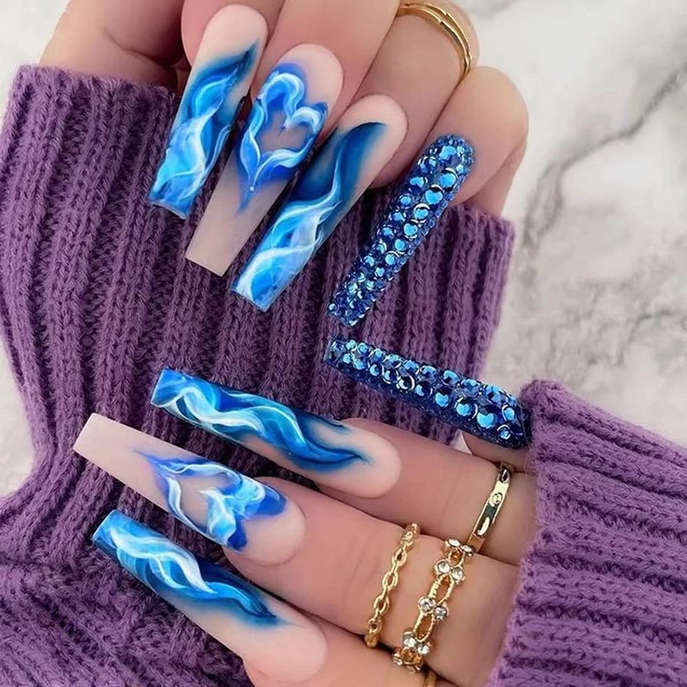 Magrace Long Coffin Press on Nails Blue Fake nails 24 pcs French Tips False Nails with Designs Stick on Nails for Women (A-5)