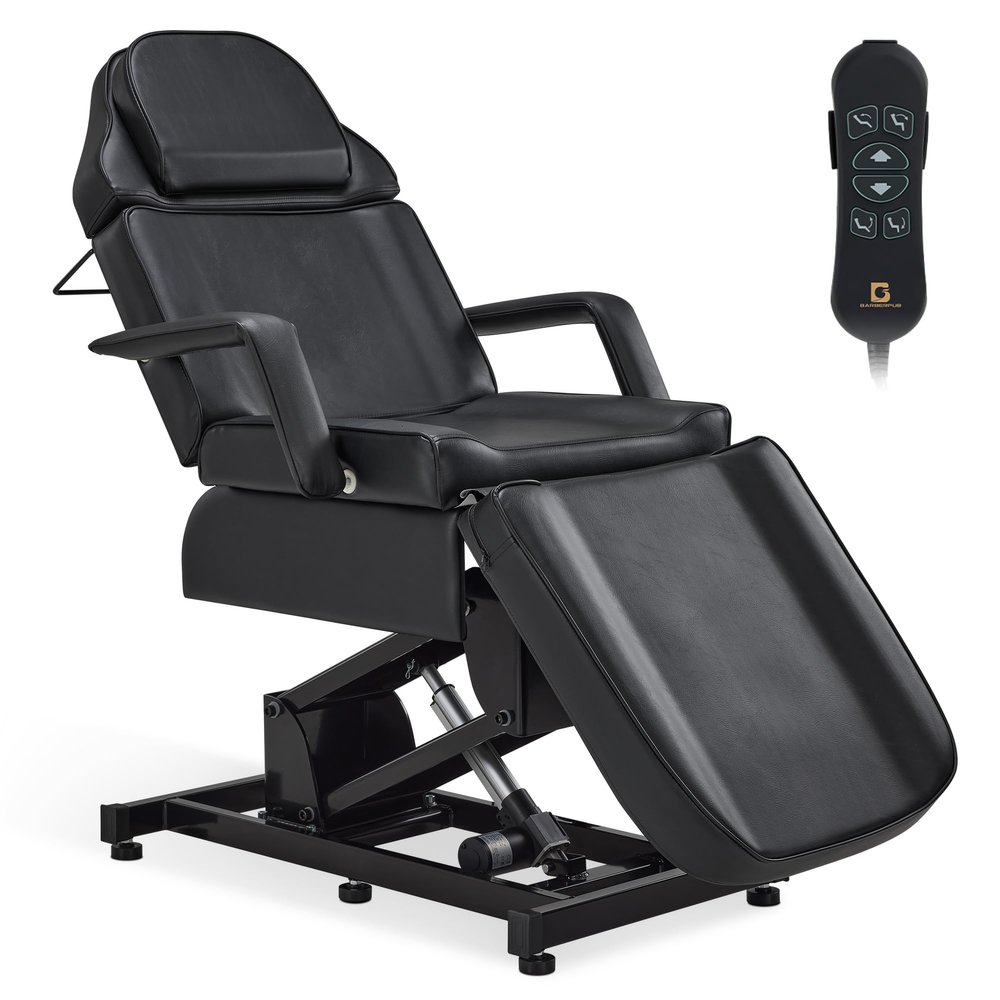 BarberPub Fully Electric Facial Bed with 3 Motor for Esthetician, Electric Tattoo Chair for Client, Facial Bed for Esthetician, Electric Adjustment 2751 (Black, Height (Flat): 25.2"37")