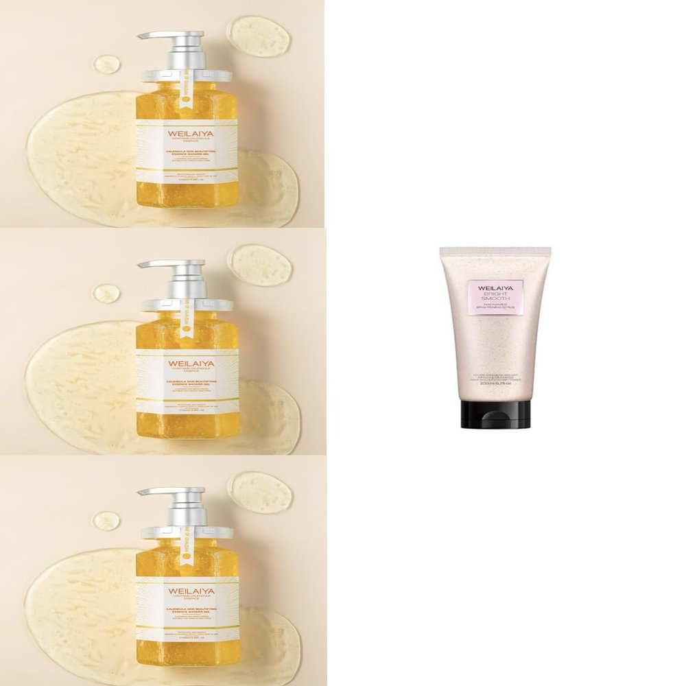 3X Weilaiya Calendula Shower Gel 450mL each+Free Weilaiya Pecan Niacinamine Bright Smooth Body Scrub 200mL