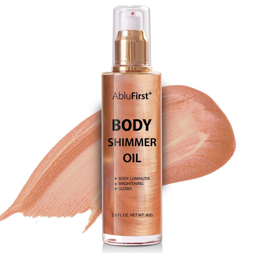 AbluFirst 4 Colors Shimmer Body Oil Face Glitter Summer Body Moisturizing Light Shimmering Glow Non-Sticky Party Luminizer and Illuminator Smooth (3.38 Fl Oz Pack of 1, Rose Gold)