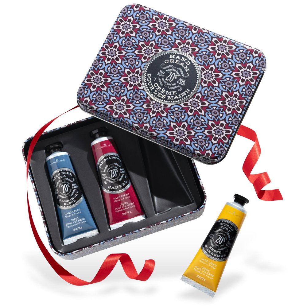 La Chatelaine Hand Cream Gift Set for Men, Ready-To-Gift Travel Size Hand Lotion, Natural Hand Cream Made in France with 20% Organic Shea Butter (Deep Blue Sea, Sandalwood, Citrus Zest) 3 x 1 fl oz