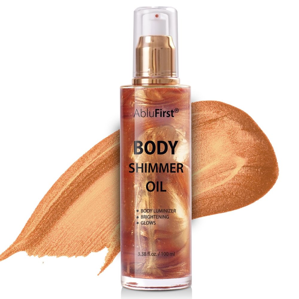 AbluFirst Shimmer Body Oil 100ml Face Glitter Summer Body Moisturizing Light Shimmering Glow Non-Sticky Party Luminizer and Illuminator Smooth (3.38 Fl Oz Pack of 1, Bronze Gold)