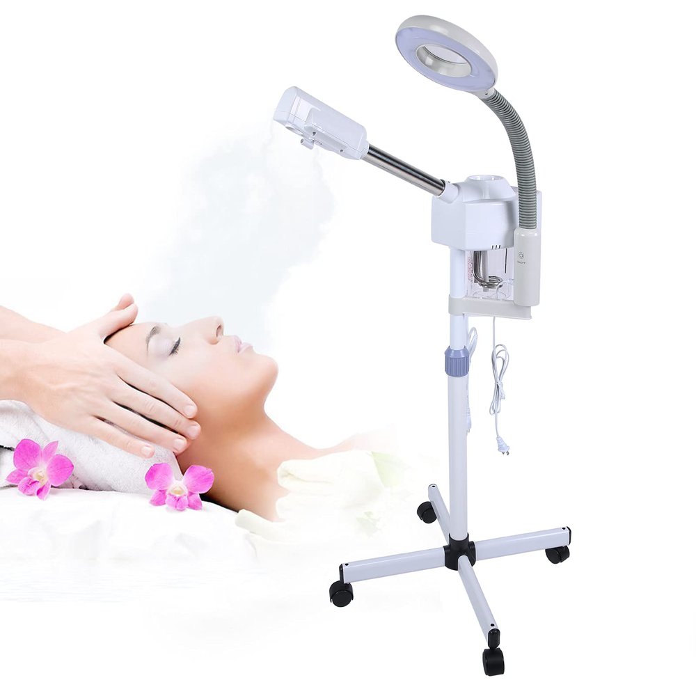 Alvinlite Facial Steamer 2-in-1 Pro on Wheels Ionic Ozone Facial Steamer with LED 5X Magnifying Floor Lamp Machine Hot Mist Function Stand for Personal Home Salon Spa Skin Cleaning